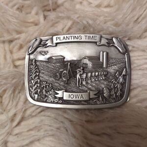 vintage 1985 "Planting Time Iowa" belt buckle.